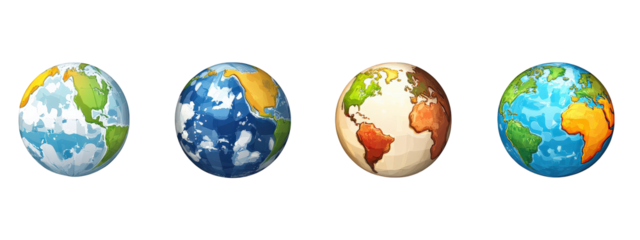 Colorful globe icons representing different Earth views, showcasing continents and oceans in various styles. Perfect for educational or environmental themes