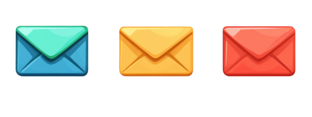 Colorful envelope icons representing email or message symbols, showcasing blue, yellow, and red designs. Perfect for digital communication themes