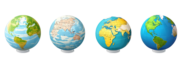 Globes showing different continents and geographical features, ideal for educational purposes and geography lessons. These colorful representations highlight various regions of world