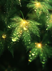 Fototapeta premium Dew-kissed maple leaves, garden, bokeh background, nature photography
