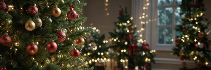 Lush green branches of a Christmas tree decorated with ornaments and lights, winter foliage, festive atmosphere