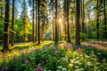 Fototapeta premium lush forest landscape with tall trees and wildflowers blooming in the underbrush on a warm summer day, nature photography, serenity, trees, foliage, forest