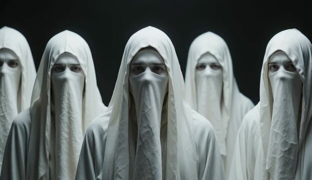 mysterious sect in white cloak occult group with mask 