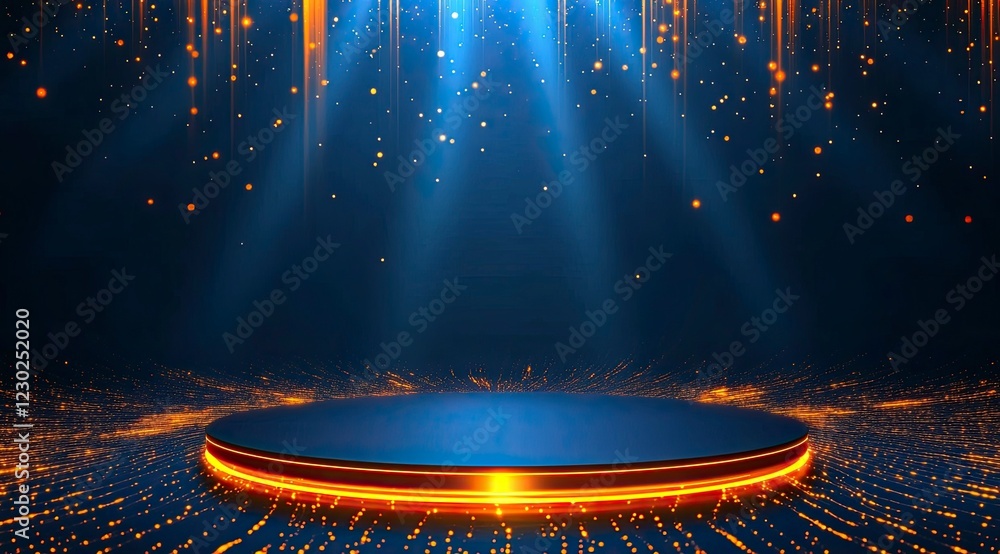 Poster a blue background with orange light rays shining on the circular podium, creating an atmosphere of t