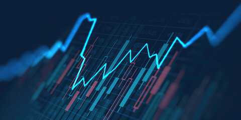 Business financial graph with uptrend line and bar chart of stock market on blue color background