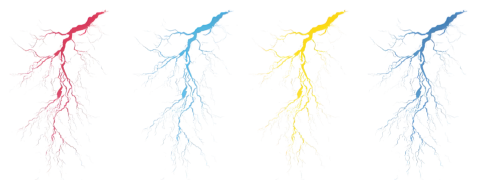 Colorful lightning bolt icons in pink, blue, yellow, and white, showcasing dynamic energy and creativity. Perfect for design projects or illustrations