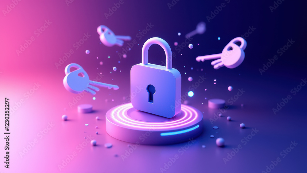 Poster digital locks floating around a central lock on a neon blue surface with pink glows, symbolizing int