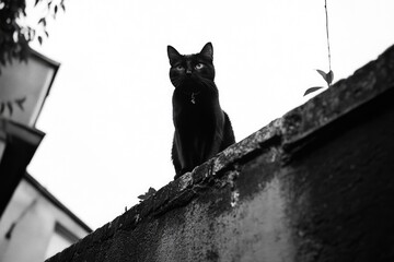 A black cat sitting on a wet wall looking down, possibly during rain, with an urban street scene.