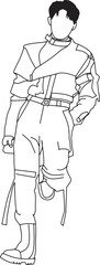 Minimalist black-and-white line art depicting a person dressed in fashion-forward, contemporary clothing without facial details, focusing on the unique attire and pose.