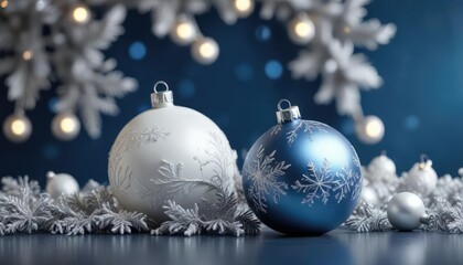 Snowflakes gently falling onto a serene blue Christmas backdrop adorned with white ornaments and a glittering silver bauble, blue christmas, snowfall, icy landscape
