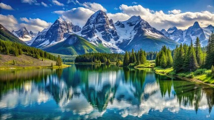 Majestic mountain range with snow-capped peaks and serene lakes, water, snow