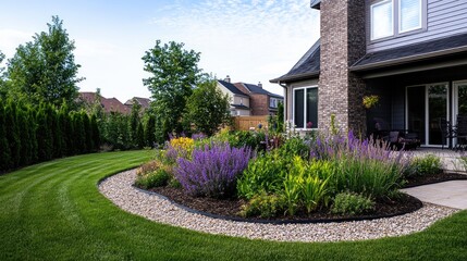 Naklejka premium Suburban home with manicured gardens and a colorful flower bed. Beautifully landscaped yard.