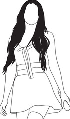 Monochrome line art of a woman with flowing hair, wearing a fashionable casual outfit. Features a bow-tied top and short skirt, creating a stylish and modern aesthetic.
