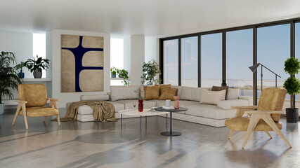 Large luxury modern bright interiors Living room mockup illustration 3D rendering image