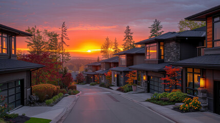 Fototapeta premium picturesque street view of new construction homes at sunset, showcasing vibrant colors and serene surroundings