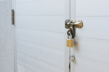 a close-up view of a door secured with a brass sliding bolt lock and a padlock.