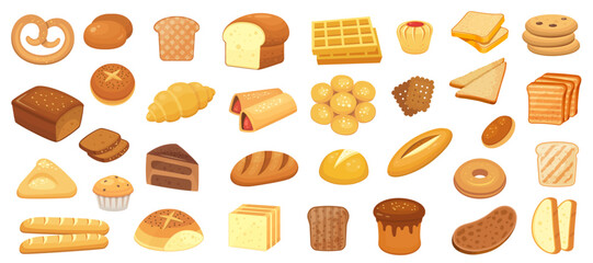 Large assortment of bakery products featuring various breads, loaves, buns, muffins, waffles, cookies, cakes, and pastries, creating a colorful and tempting display