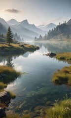 Fototapeta premium Misty morning over a freshwater lake nestled between rolling hills and mountains, landscape, peaceful