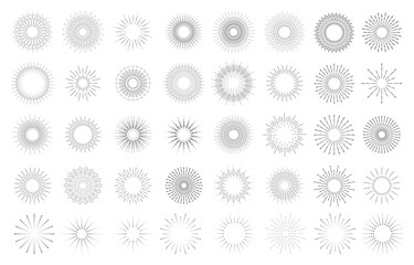 Vintage sunburst and firework explosion decorative elements template for logotype, emblem and banner radiating from the center forming a circle on a white background