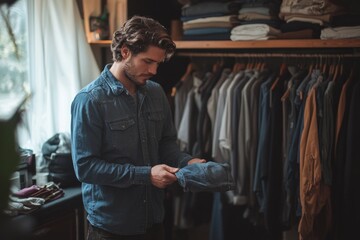 Fototapeta premium Young male fashion designer holding jeans jacket and choosing trendy clothes in his studio