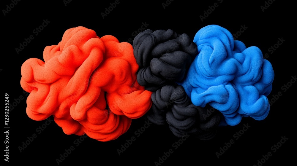 Poster abstract ink swirls: red, black, and blue ink clouds intertwine in a mesmerizing dance against a sta