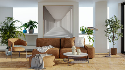 Large luxury modern bright interiors Living room mockup illustration 3D rendering image