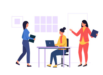 Office workers collaborating on a project, engaging with laptops and sharing documents, embodying the essence of teamwork in a dynamic business environment