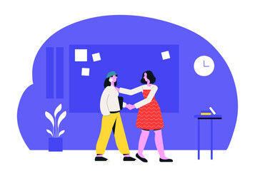 Two businesswomen shaking hands after reaching an agreement in a modern office, celebrating their teamwork and problem solving skills in a dynamic and collaborative environment