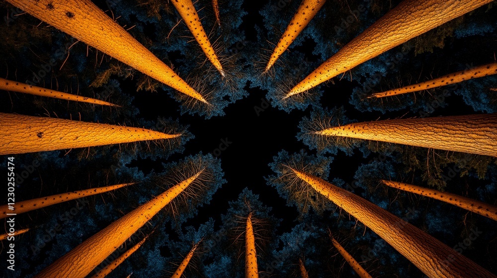 Poster forest tunnel of light: looking up through a canopy of tall trees, sunlight filters through creating