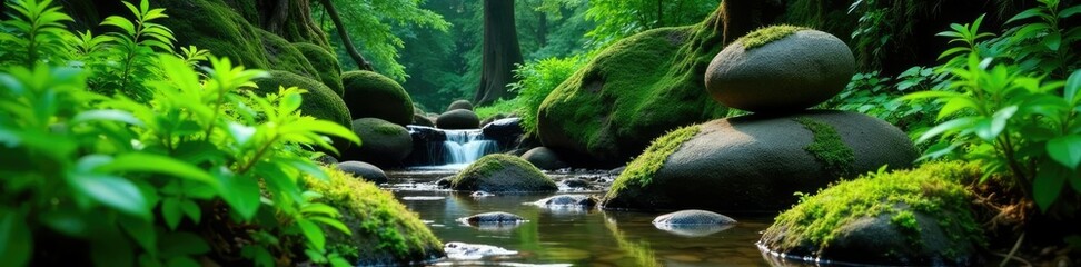 Lush green ferns growing around ancient zen stones near a gentle waterfall in the forest, overgrowth, plant life, zen stones