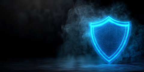 Blue shining neon shield. Digital internet network security and protection on dark misty background.