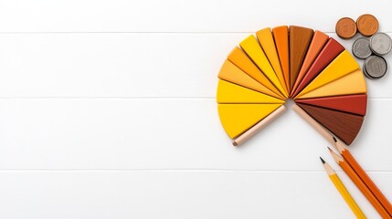 Obraz premium Autumnal Color Palette: A vibrant half-circle arrangement of autumnal-toned color swatches, accompanied by pencils and metallic buttons.