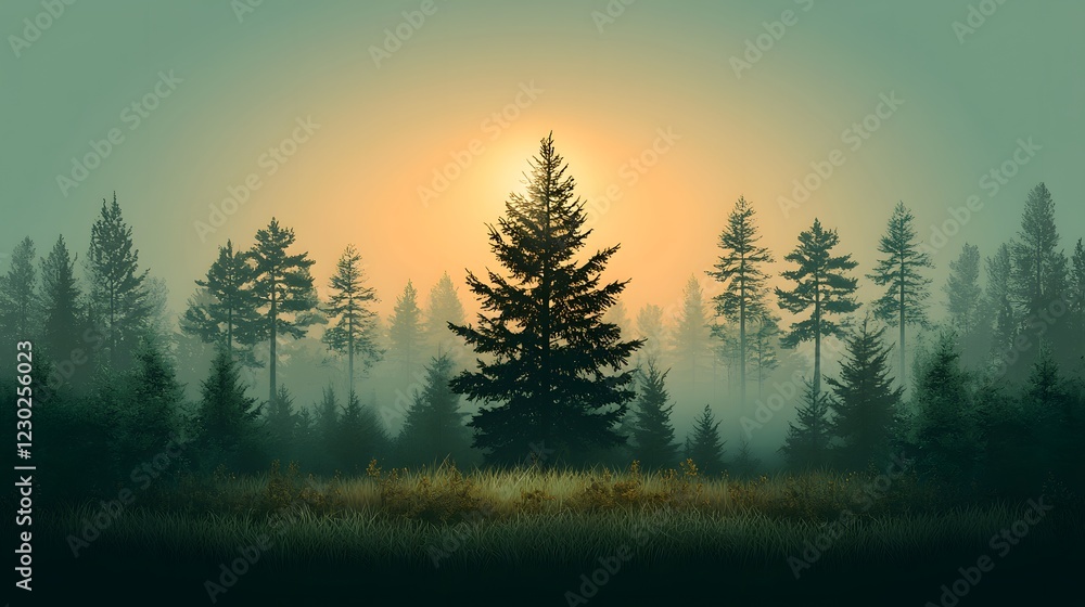 Poster misty coniferous forest landscape at dusk with glowing sunlight filtering through the tall pine spru