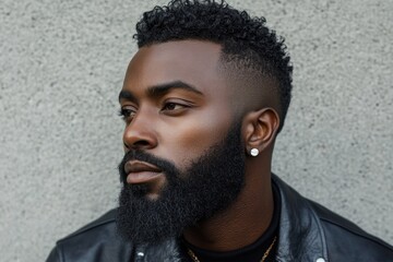 Portrait of a fashionable black man showcasing a modern haircut and full beard
