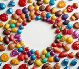 Multi-colored chocolates and candies arranged in a circular pattern on a white surface with individual wraps made of colored foil, wrapped, pastry, dessert