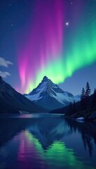 Majestic purple and green Northern Lights unfurl above a tranquil mountain lake, northern lights, mountain
