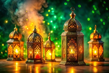 Fototapeta premium Luminous Arabic Lanterns: Festive Golden Lamps on Green Background - Stock Photo