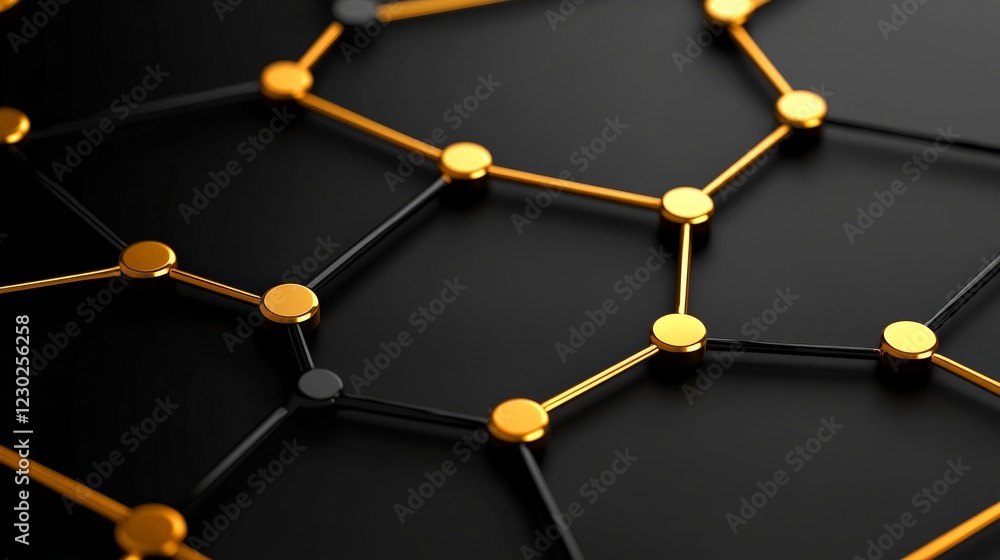 Poster interconnected network: a geometric abstract pattern of black and gold lines and spheres, symbolizin