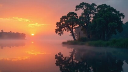 Misty cypress trees rise from murky waters at sunset, cypress, water, florida