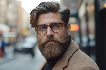 Portrait of bearded businessman wearing stylish eyeglasses in urban setting