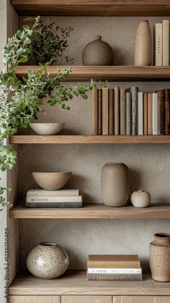 Poster this thoughtfully arranged shelf features elegant ceramic pieces and books in warm tones, creating a