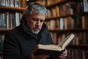 Focused mature man reading a book in the library, enjoying the quiet atmosphere and expanding his knowledge