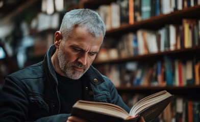 Mature man concentrating on reading a book in a library, surrounded by bookshelves