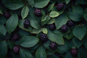 A vibrant close-up of wild blackberries growing on plants, showcasing their rich color and detailed texture.
