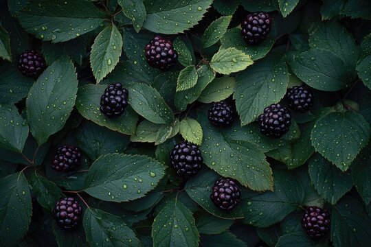 A vibrant close-up of wild blackberries growing on plants, showcasing their rich color and detailed texture.
