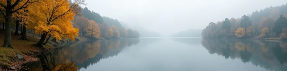 Fototapeta premium Serene lake at autumn with yellow leaves and grey sky, nature, misty landscape, foggy morning