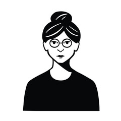 Flat style avatar, young office worker woman with high hairstyle in glasses, black and white