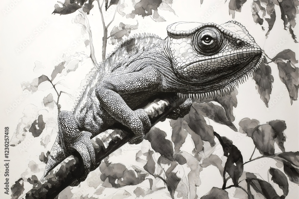 Poster ink drawing of a chameleon camouflaging on a branch surrounded by leaves, creating a captivating nat
