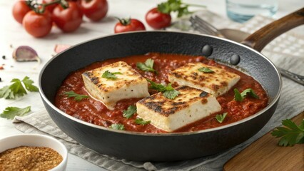 Pan-Seared Cottage Cheese in Spiced Tomato Sauce, aromatic flavors, tomato sauce