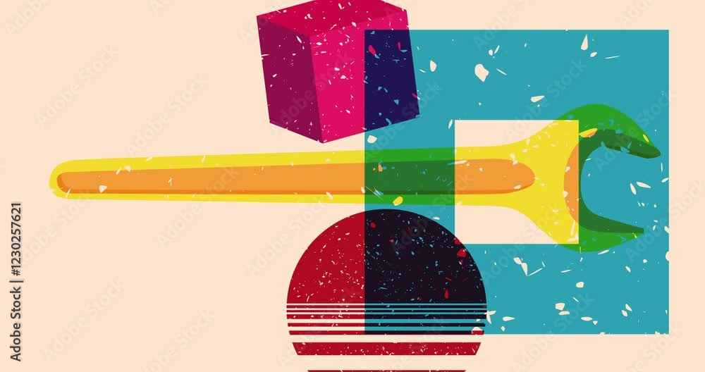 Aufkleber risograph wrench with geometric shapes animation. moving object in trendy riso graph design video.